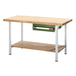 EUROKRAFT, EUROKRAFT Werkbank, höhenverstellbar, mit Buchemassivplatte 1 Schublade, 1 Ablageboden Breite 1250 mm, lichtgrau / resedagrün, eurokraft pro Höhenverstellbare Werkbank, Gestellbauweise, 1 Schublade, 1 Ablageboden, Breite 1250 mm, lichtgrau / resedagrün