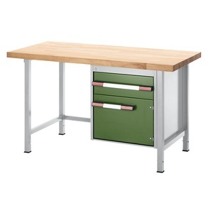 EUROKRAFT, EUROKRAFT Werkbank, höhenverstellbar, mit Buchemassivplatte 1 Schublade, 1 Flügeltür Breite 1000 mm, lichtgrau / grün, eurokraft pro Höhenverstellbare Werkbank, Gestellbauweise, 1 Schublade, 1 Flügeltür, Breite 1000 mm, lichtgrau / grün
