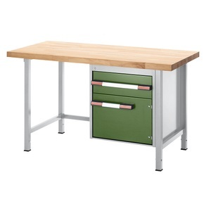 EUROKRAFT, EUROKRAFT Werkbank, höhenverstellbar, mit Buchemassivplatte 1 Schublade, 1 Flügeltür Breite 1250 mm, lichtgrau / grün, eurokraft pro Höhenverstellbare Werkbank, Gestellbauweise, 1 Schublade, 1 Flügeltür, Breite 1250 mm, lichtgrau / grün