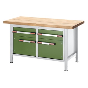 EUROKRAFT, EUROKRAFT Werkbank, höhenverstellbar, mit Buchemassivplatte 2 Schubladen, 2 Türen Breite 1500 mm, lichtgrau / grün, eurokraft pro Höhenverstellbare Werkbank, Gestellbauweise, 2 Schubladen, 2 Türen, Breite 1500 mm, lichtgrau / grün