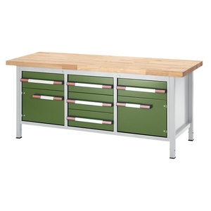 EUROKRAFT, EUROKRAFT Werkbank, höhenverstellbar, mit Buchemassivplatte 5 Schubladen, 2 Flügeltüren Breite 2000 mm, lichtgrau / grün, eurokraft pro Höhenverstellbare Werkbank, Gestellbauweise, 5 Schubladen, 2 Flügeltüren, Breite 2000 mm, lichtgrau / grün
