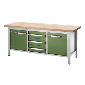 EUROKRAFT, EUROKRAFT Werkbank, höhenverstellbar, mit Buchemassivplatte 3 Schubladen, 2 Flügeltüren Breite 2000 mm, lichtgrau / grün, eurokraft pro Höhenverstellbare Werkbank, Gestellbauweise, 3 Schubladen, 2 Flügeltüren, Breite 2000 mm, lichtgrau / grün
