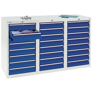 undefined, Schubladenschrank HxBxT 900 x 1500 x 500 mm, 24 Schubladen 100 mm hoch Korpus grau, Schubladen enzianblau, stumpf® Schubladenschrank, Schubladen 24x100 mm, HxBxT 900 x 1.500 x 500 mm, lichtgrau/enzianblau