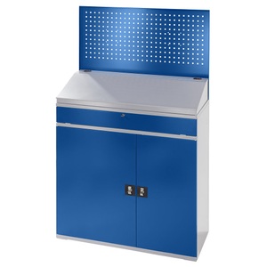 RAU, RAU Computer-Arbeitsstation Lochwand, Schreibpult, Ausziehboden, Schublade Breite 1100 mm, anthrazit / enzianblau, RAU Computer-Arbeitsstation, Lochwand, Schreibpult, Ausziehboden, Schublade, Breite 1100 mm, anthrazit / enzianblau