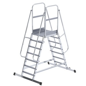 EUROKRAFT, EUROKRAFT Alu-Podestleiter beidseitig begehbar, fahrbar 2 x 7 Stufen, eurokraft pro Alu-Podestleiter, beidseitig begehbar, fahrbar, 2 x 7 Stufen