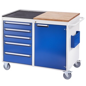 RAU, RAU Werkbank, fahrbar 5 Schubladen, 1 Tür, Arbeitsfläche Holz / Metall lichtgrau / enzianblau, RAU Kompaktwerkbänke, fahrbar, 5 Schubladen, 1 Tür, Arbeitsfläche Holz / Metall, lichtgrau / enzianblau