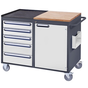 RAU, RAU Werkbank, fahrbar 5 Schubladen, 1 Tür, Arbeitsfläche Holz / Metall anthrazit / lichtgrau, RAU Kompaktwerkbänke, fahrbar, 5 Schubladen, 1 Tür, Arbeitsfläche Holz / Metall, anthrazit / lichtgrau