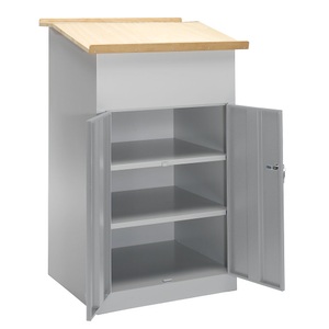 undefined, Industrie-Stehpult mit Flügeltürschrank enzianblau, PAVOY Stehpult mit Schrank + Holzplatte, geschlossen, 2 Einlegeböden