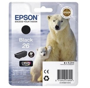 Epson, Original Tintenpatrone schwarz Epson No. 26 bk, T2601, Epson E26bk Druckerpatronen bk - Epson No. 26 bk, C13T26014010 für z.B. Epson Expression Premium XP -510, Epson Expression Premium XP -520
