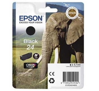 Epson, Original Tintenpatrone schwarz Epson No. 24 bk, T2421, Epson E24bk Druckerpatronen bk - Epson No. 24 bk, C13T24214010 für z.B. Epson Expression Photo XP -55, Epson Expression Photo XP -750