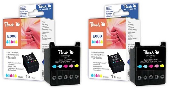 Peach, Peach Doppelpack Tintenpatronen color kompatibel zu Epson T008, Peach E08 C 2 Druckerpatronen 2*col ersetzt Epson T008C*2, C13T00840310 für z.B. Epson Stylus Photo 780, Epson Stylus Photo 785