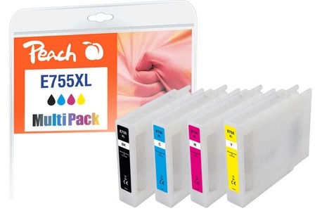 Peach, Peach Tinte Spar Pack 320727 kompatibel zu Epson 755XL, refurbished, Peach E754/755/756 XL 4 Druckerpatronen XL (bk, c/m/y) ersetzt Epson T755XL für z.B. Epson WorkForce Pro WF -6530 MFP, Epson WorkForce Pro WF -8090