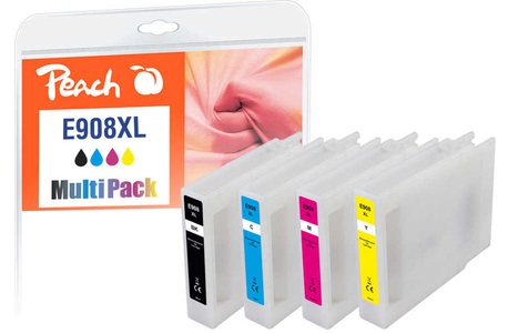 Peach, Peach Tinte Spar Pack 320979 kompatibel zu Epson 908XL, refurbished, Peach E908 XL 4 Druckerpatronen XL (bk, c/m/y) ersetzt Epson No. 908XL, T9081, T9082, T9083, T9084 für z.B. Epson Workforce Pro WF -6090 DW