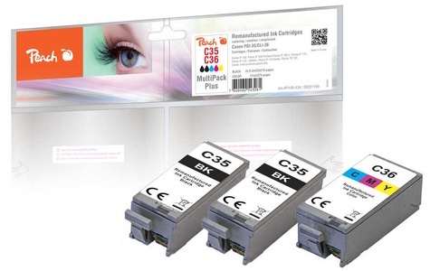 Peach, Peach Spar Pack Plus Tintenpatronen kompatibel zu Canon PGI-35, 1509B001*2, CLI-36, 1511B001, Peach C35 BK 3 Druckerpatronen (2*bk, col) ersetzt Canon PGI-35BK, CLI-36C, 1509B001*2, 1511B001 für z.B. Canon Pixma IP 100, Canon Pixma IP 100 V