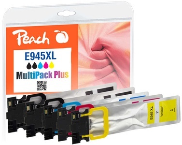 Peach, Peach Spar Pack Plus Tintenpatronen, kompatibel zu No. 945XL, Peach E945 XL 5 Druckerpatronen XL (2*bk, c/m/y) ersetzt Epson No. 945XL, T9451*2, T9452, T9453, T9454 für z.B. Epson WorkForce Pro WFC 5290