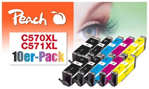 Peach, Peach Spar Pack mit grau Tintenpatronen XL-Ergiebigkeit, kompatibel zu Canon PGI-570XL, CLI-571XL, Peach C570 XL 10 Druckerpatronen XL (2*bk, bkph, c/m/y) ersetzt Canon PGI-570XL, CLI-571XL für z.B. Canon Pixma TS 5050, Canon Pixma TS 5055