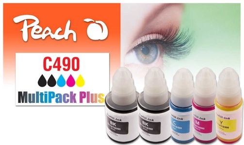 Peach, Peach Spar Pack Plus Tintenpatronen, kompatibel zu GI-490, Peach C490 5 Druckerpatronen (2*bk, c/m/y) ersetzt Canon GI-490 für z.B. Canon Pixma G 1400, Canon Pixma G 2400, Canon Pixma G 3400