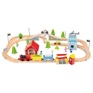 Bino, Bino Holzeisenbahn, 80 tlg. mit Batterie-Lok, Bino 82207 - Loko Lolly Holzeisenbahn, Spielset, 80-teilig, elektronische Lok mit Waggons