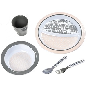 Beaba, Beaba - Kindergeschirrset Grid - Weiss und Hellrosa und Hellgrau, BEABA Geschirr - Geschenkset