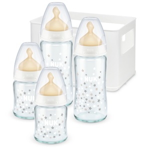 Nuk, NUK Glasflaschen Starter Set First Choice?, Latexsauger ab der Geburt, Temperature Control Sterne, NUK First Choice+ Glasflaschen Set mit Temperature Control und Latex-Trinksaugern