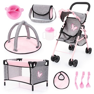 Bayer, Bayer Puppenbuggy »grau/rosa«, (Set), mit Puppenbett, Wickeltasche, Geschirr, Flasche, Latz und Spielbogen, 