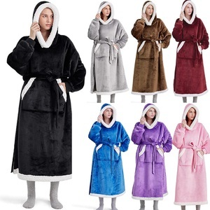 Lighinthebox, Übergroße tragbare Decke Winter-Hoodie-Decke, langes Sherpa-Fleece-Decke-Sweatshirt, mit warmer großer Kapuze, seitlichem Schlitz und Gürtel, grau, Standard Lightinthebox, 