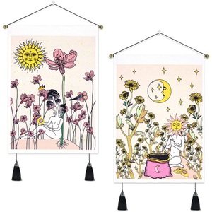 Lighinthebox, Packung mit 2 Tarot Divination gewebte böhmische Wandteppiche Kunstdekor Decke Vorhang zum Aufhängen Zuhause Schlafzimmer Wohnzimmer Dekoration nordische Baumwolle Leinen Quaste Mond Sterne Sonne Lightinthebox, 