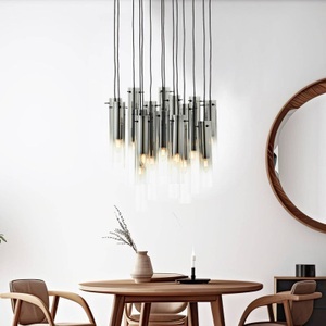 Brilliant, Hängelampe Glasini, Ø 52 cm, rauchgrau, 14-flg., Glas, Hängelampe Glasini, Ø 52 cm, rauchgrau, 14-flg., Glas
