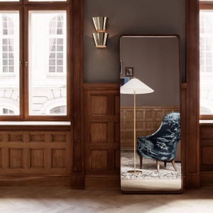 GUBI, Gubi-9602 Standleuchte, Messing/ Canvas, GUBI Stehleuchte 9602, Messing/Rattan, Canvas-Schirm