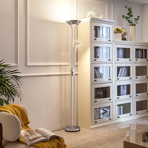 Lampenwelt.com, LED-betriebener Deckenfluter Josefin mit Leselicht, Lindby Josefin LED-Deckenfluter Leselicht, nickel