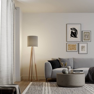 Lampenwelt.com, Textil-Stehlampe Nida mit dreibeinigem Holzgestell, Quitani Stehlampe Nida, Holz natur, Schirm grau
