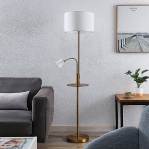 LINDBY, Lindby Aovan Stehlampe mit Ablage und USB, bronze, Lindby Stehlampe Aovan, bronzefarben, Ablage, USB-Anschluss