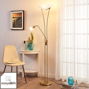 Lampenwelt.com, LED-Deckenfluter Felicia mit Lesearm - dimmbar, Lindby Felicia Deckenfluter mit Leselampe, messing