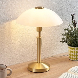 Lampenwelt.com, Tischleuchte Tibby mit Glasschirm in Messing Antik, 