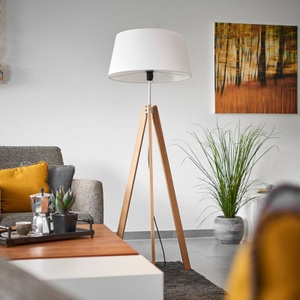 Lampenwelt.com, Textil-Stehleuchte Thea mit massivem Eichengestell, Quitani Textil-Stehlampe Thea, Eiche, weiß