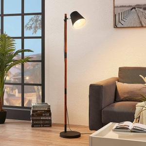 Lampenwelt.com, Stehleuchte Birte, schwarz mit Holzelement, Stehleuchte Birte, schwarz mit Holzelement