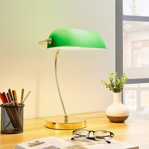 Lampenwelt.com, Messingfarbene Tischlampe Selea, Glasschirm grün, Messingfarbene Tischlampe Selea, Glasschirm grün