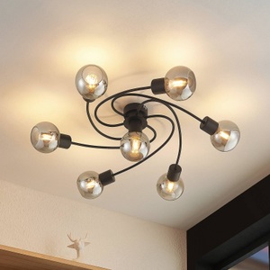 LINDBY, Lindby LED-Deckenleuchte Ciala, 7fl, schwarz smoke, Lindby Deckenleuchte Ciala, 7-flammig, schwarz, smoke, Glas