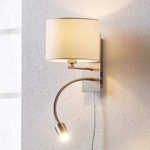 Lampenwelt.com, Florens - Textilwandlampe mit LED-Leselampe, Lindby Wandlampe Florens, nickel, LED-Leselampe, 23,5 cm