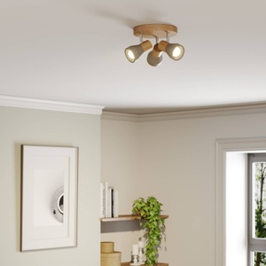 Lampenwelt.com, LED-Strahler Filiz aus Holz und Beton, 3-fl., rund, Lindby Strahler Filiz, 3-flg., rund, Ø 20 cm, Holz, Beton
