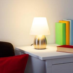 Lampenwelt.com, Dekorative Tischlampe Emilan mit E14-LED-Lampe, Dekorative Tischlampe Emilan, Glas, weiß/nickel