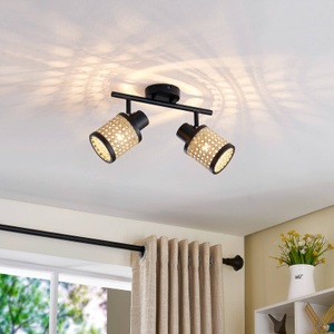 LINDBY, Lindby Yaelle Spot Metall Rattan zweiflammig, Lindby Spot Yaelle, 32 cm, 2-flg., Rattan, schwarz, E27