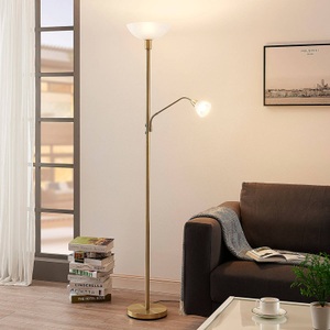 Lampenwelt.com, LED-Deckenfluter Jost mit Leselampe, messing matt, Deckenfluter Jost mit Leselampe, messing matt