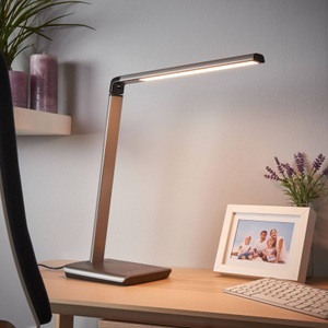 Lampenwelt.com, Metallicgraue LED-Tischlampe Kuno mit Dimmer, USB, Lindby LED-Schreibtischleuchte Kuno, grau, USB, Touchdimmer