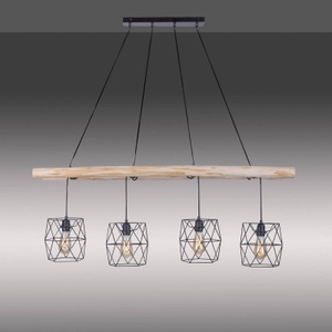 Paul Neuhaus, Industrielle Hängelampe schwarz mit Holz 4-Licht - Mediena, Industrielle Hängelampe schwarz mit Holz 4-Licht - Mediena