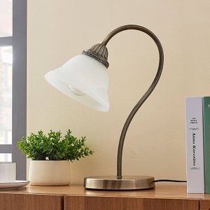 Lampenwelt.com, Gebogene Tischleuchte Mialina, E27 LED, Tischleuchte Mialina, E27, Glas, alabasterweiß, 42 cm hoch