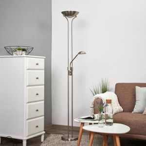 Lampenwelt.com, LED-betriebener Deckenfluter Josefin mit Leselicht, Lindby Josefin LED-Deckenfluter Leselicht, nickel