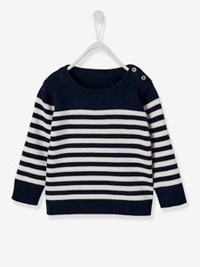 VERTBAUDET, Streifenpullover für Baby Jungen nachtblau/wollweiß gestreift, Streifenpullover für Baby Jungen nachtblau/wollweiß gestreift