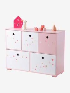 VERTBAUDET, Kinder Sideboard mit 5 Aufbewahrungsboxen rosa, sterne, Kinder Sideboard Feenzauber rosa/sterne