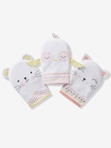 VERTBAUDET, 3er-Pack Waschhandschuhe Tiere weiss/tiere, 3er-Pack Waschhandschuhe Tiere weiss/tiere